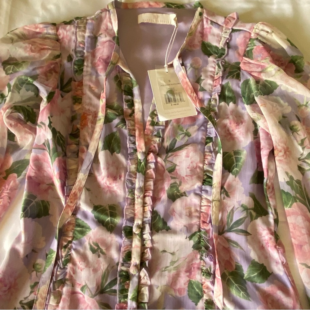 NWT Rachel Parcell Lilac Floral Lace Sleeve Ruffle Mini Dress - Picture 6 of 7